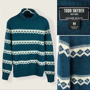 Todd Snyder Merino Wool Turtleneck Sweater Men’s Medium Teal Diamond Stripe EUC
